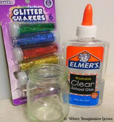 an assortment of crafting supplies including glue, glitter markers and washable glass bottles