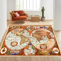 a living room area with a large rug on the floor and a couch in front of it