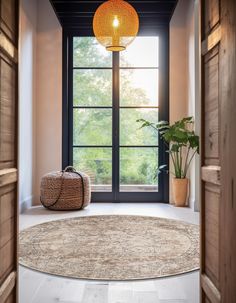 an open door leading into a room with a rug on the floor and potted plant next to it