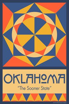 the oklahoma state art print is shown in blue, orange and yellow colors with an image of