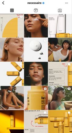 a collage of photos with yellow and white items on them, including an image of a woman's face