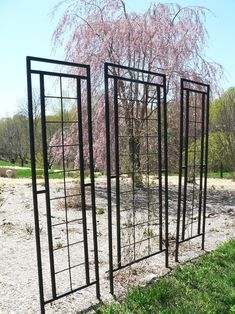 three metal structures in the middle of a grassy area with a pink tree behind them