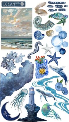 an ocean themed sticker sheet with various items