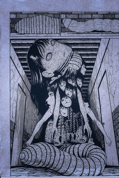 an ink drawing of three women in a tunnel with their heads down and hands on each other's shoulders