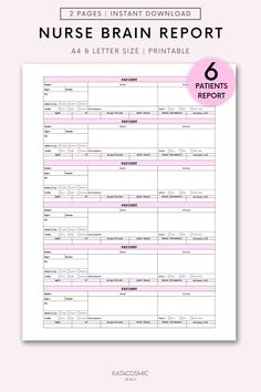 the printable nurse brain report is shown in pink and white, with text that reads nurse