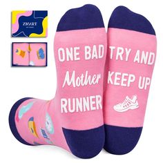 PRICES MAY VARY. FUNNY RUNNING SOCKS: These pink running socks feature running shoes, sports clothes, a sports watch, water bottles, a stopwatch, and a baseball cap. The phrase "ONE BAD MOTHER RUNNER TRY AND KEEP UP" is also featured on the soles of the socks. EXTENSIVE COVERAGE: Fits a vast range, covering women's shoe sizes 6-12 and sock sizes 8-13. Each exclusive gift box contains one pair of funny socks. EXQUISITE COMFORT: Delight in the plush comfort of our socks, constructed from 80% cotto Runner Gifts, Bad Mother, Funny Running, Yoga For Runners, Mother Runner, Sports Clothes, Running Humor, Running Gifts, Dance Gifts