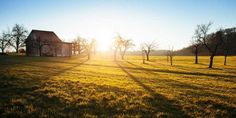 the sun shines brightly on an open field with trees and a barn in the distance