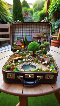 an open suitcase sitting on top of a wooden table filled with plants and small houses