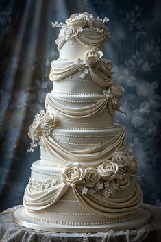 a three tiered wedding cake with white flowers on the top and sides, in front of a blue background