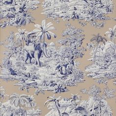 a blue and white wallpaper with an elephant in the jungle on it's side