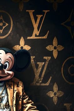 a mickey mouse wearing a gold suit and jacket with louis vuitton wallpaper in the background