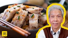 an old man with chopsticks next to a bowl of food