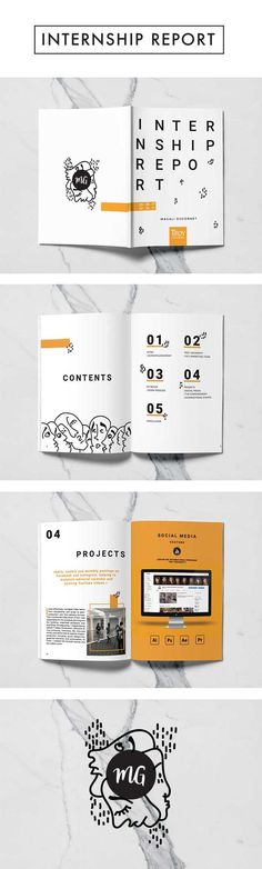 the inside pages of a brochure with an orange and white design