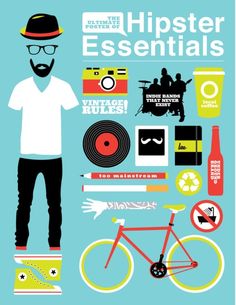 a man standing next to a bike with various items around him and the words hipster essentials on it