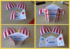 four different views of an origami circus tent with stars and stripes on it