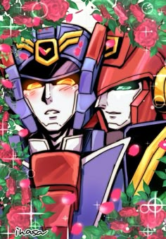 two anime characters standing next to each other in front of flowers and roses on the ground