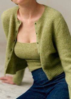 Sezane Knitwear, Denim T Shirt, Merino Wool Cardigan, Green Cardigan, Current Styles, Perfect Wardrobe, Button Cardigan, Half Zip Pullover, Outfit Inspo Fall