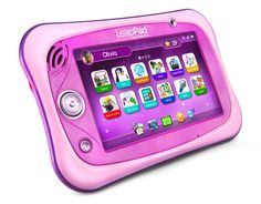 an electronic device with pink plastic case and buttons on the front, sitting upright against a white background