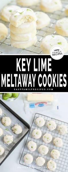 Key Lime Cookies Stacked up on a baking rack. Meltaway cookies on a cookie sheet. Key Lime cookies with glaze made and garnished next to a stick of butter. Easy Lime Recipes, Key Lime Cookies Recipe, Lime Deserts, Lime Meltaway Cookies, Key Lime Cookie, Key Lime Cookie Recipe, Lime Juice Recipes, Melt In Your Mouth Cookies