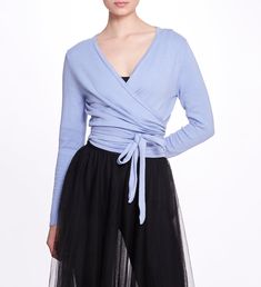 Anne Wrap Sweater | Marchesa Fall V-neck Wrap Top For Layering, Blue Stretch V-neck Cardigan, Versatile Fitted Wrap Cardigan, Faux Wrap V-neck Top For Fall, Chic Wrap Top For Winter, Spring V-neck Stretch Wrap Top, Fall Wrap Top, Spring Stretch V-neck Wrap Top, Stretch V-neck Wrap Top For Fall