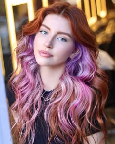 Ginger Hair With Pop Of Color, Auburn Hair With Pop Of Color, Red Hair With Fashion Colors, Red Hair With Fun Colors, Copper And Vivid Hair, Cooper And Purple Hair, Ginger With Purple Highlights, Fun Hair Color Ideas For Redheads