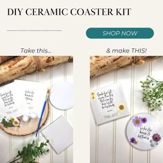 two pictures with different designs on them and the words diy ceramic coaster kit written in cursive writing