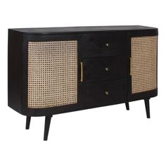 a black and gold sideboard with wicker panels on the doors, drawers and handles