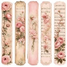 four bookmarks with pink flowers and music notes on them, all lined up in the same row