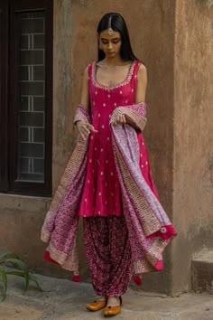 Rapture rose short anarkali with all-over floral motif dabka work. Comes with velvet dhoti pants and printed tassel dupatta. Short Anarkali, Chanderi Anarkali, Velvet Anarkali, Dabka Work, Silk Anarkali Suits, Desi Attire, Indian Suit, Designer Kurti Patterns, Desi Fits