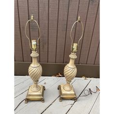 pair of vintage brass table lamps with glass shades