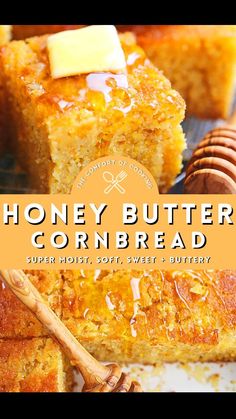 honey butter cornbread is cut into squares and served on a plate