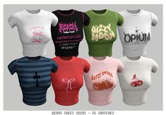 several t - shirts with different designs on them, all in different colors and sizes