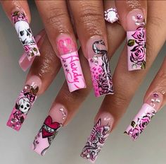 ed hardy nails Corset Nails, Goth Nails, Girly Acrylic Nails, Long Square Acrylic Nails