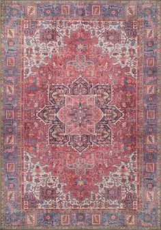 an antique persian rug with red, blue and pink colors on the middle paneled area