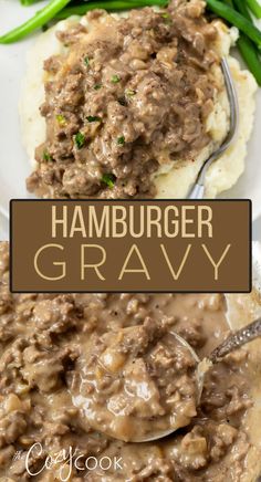 Hamburger Gravy on top of mashed potatoes. Bottom pic is hamburger gravy with a silver spoon Easy Ground Beef Recipes, Easy Ground Beef, Beef Casserole Recipes