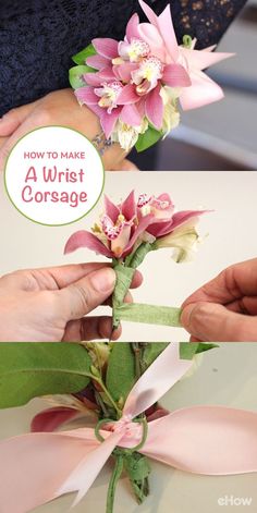 someone is making a flower arrangement with pink and white flowers on top of green ribbon