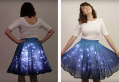 two pictures of a woman wearing a skirt with stars on it