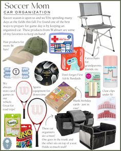 an advertisement for the soccer mom's gear organization system, including a chair and other items