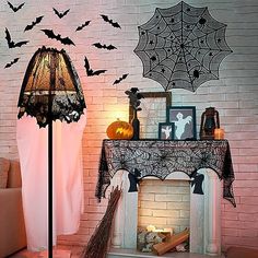 a living room decorated for halloween with decorations