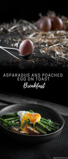 asparagus and poached egg breakfast in a black bowl with eggs on the side