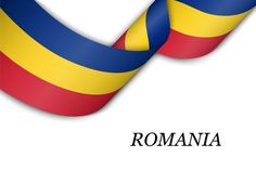 the flag of the country of romania waving in the wind with text on white background