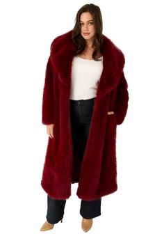 Wrap yourself in luxury with our Shaggy Fur Coat, a statement piece designed to elevate any ensemble. With its relaxed fit and lavish fur detailing at the collar and cuffs, this coat exudes opulence and timeless elegance, making it the perfect choice for those chilly evenings and special occasions. Fully lined. Midi-length. 50" lengthFaux fur Machine wash Imported  | Plus Size Women's Shaggy Faux Fur Coat by June+Vie in Maroon Banner (Size 14/16) Chic Oversized Faux Fur Coat, Oversized Faux Fur Coat For Fall, Oversized Faux Fur Long Coat, Shaggy Fur Coat, Shaggy Faux Fur Coat, Wedge Dress Shoes, Oversized Faux Fur Coat, Banner Size, Pants Details