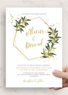 an elegant wedding card with gold foil and greenery on it, featuring the words alca & david