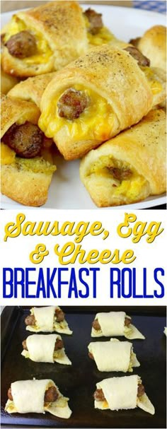 sausage egg and cheese breakfast rolls on a baking sheet with the title text above it