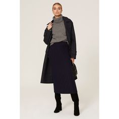 Navy blue knit (40% Polyester, 20% Acrylic, 20% Nylon, 20% Wool). Midi skirt. Pull-on. 34" from waist to hemline. Imported. Grey Turtleneck, Matching Sweaters, Jason Wu, Knit Skirt, Nun Dress, Double Breasted, Ribbed Knit, Navy Blue, Midi Skirt