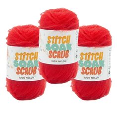 three balls of red yarn with the words stitch scrub on each ball in orange and white