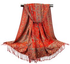 "Beautiful women head scarves or stoles made up of double layered pashmina with traditional Indian paisley pattern all over it.A unique combination of scarlet red, gray and dark red. These are medium weight scarves sized perfectly to be used as wrap, shawl or stole. Great for layering in the winter or fall and perfect for adding a style in summer or spring. Reversible two sided scarves will make a perfect Christmas gift or rave scarf. ~~Item details~~ Quantity: 1 rectangular long scarf Material: viscose jacquard Length: approx. 76.5 inches ( 195 cm) Width: approx. 27.5 inches ( 70 cm) Fringes: 3\" on both ends ~~Care Instructions~~ Gentle cold hand wash separately Do not bleach Iron Cool Do not tumble dry, Keep away from heat ~~Shipping Policy~~ We ship on same business day if order is pla Women Head Wraps, Wedding Pashmina, Fancy Scarf, Indian Paisley, Winter Shawl, Bohemian Festival, Scarf Material, Etsy Bridesmaid Gifts, Scarf Women