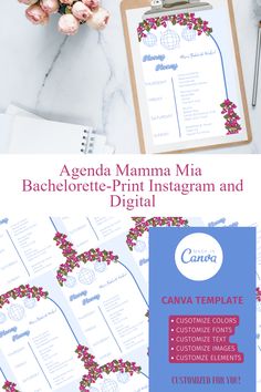 a clipboard with pink flowers on it and the words agenda mama mia bachelor - print ins