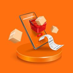 a cell phone with a shopping cart coming out of it, on an orange background