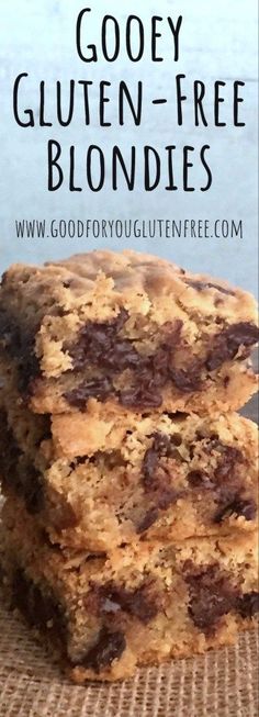 three cookies stacked on top of each other with the words gooey gluten - free blondies